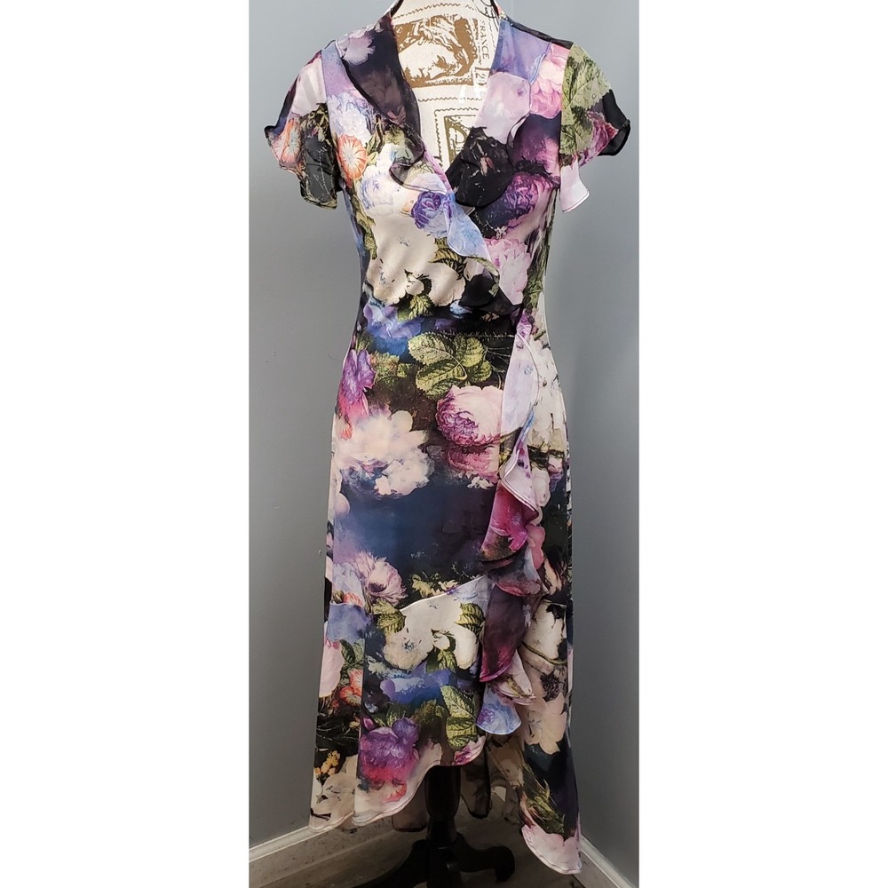 Kate & Mallory Maxi Dress Womens XS Multi Floral Faux-Wrap Front Flutter Sleeve